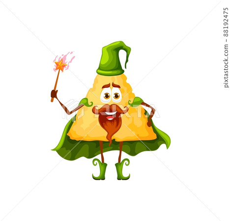 Cartoon Mexican nachos wizard character, magician or sorcerer with magic wand, vector kids personage. Funny nachos chip as fairy tale magician or warlock mage with in magic cape and witch hat 88192475
