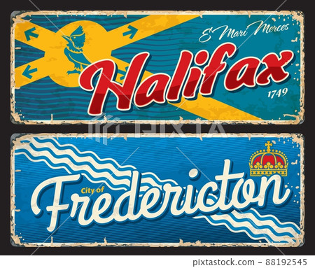 Halifax and Fredericton canadian cities plates and travel stickers, vector tin signs. Canada tourist luggage tags with provinces or regions flags, emblems and Canadian landmarks 88192545