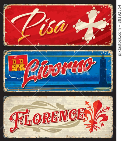 Pisa, Livorno and Florence italian cities travel stickers and plates. European cities retro postcard or vector tin signs or banners with Coat of Arms, medieval flags symbols and Livorno Lighthouse Pisa, Livorno and Florence italian cities travel stickers and plates. European cities retro postcard or vector tin signs or banners with Coat of Arms, medieval flags symbols and Livorno Lighthouse 88192554