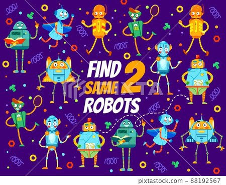 Mechanic robots and droids on find two same game worksheet. Preschool kids differences matching educational puzzle, vector quiz or children intelligence playing activity, quiz with matching activity 88192567