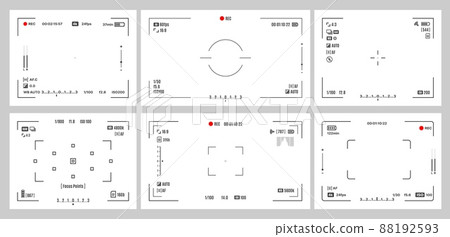 Photo or video camera viewfinder screen set. Vector display frame, focus and grid, zoom, shutter, preview and record shooting settings of digital, dslr, analog camera or camcorder viewfinder 88192593
