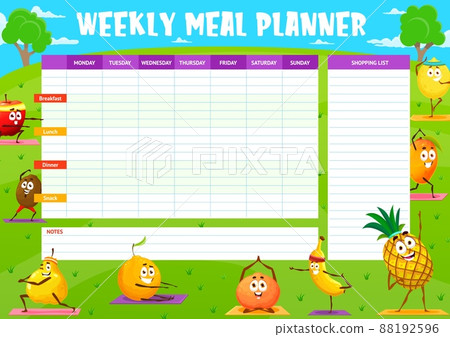 Cartoon fruits characters on yoga, weekly meal planner schedule and shopping check list vector template. Week food plan, diet menu organizer and notes with funny red apple, mango, orange and banana Cartoon fruits characters on yoga, weekly meal planner schedule and shopping check list vector template. Week food plan, diet menu organizer and notes with funny red apple, mango, orange and banana 88192596
