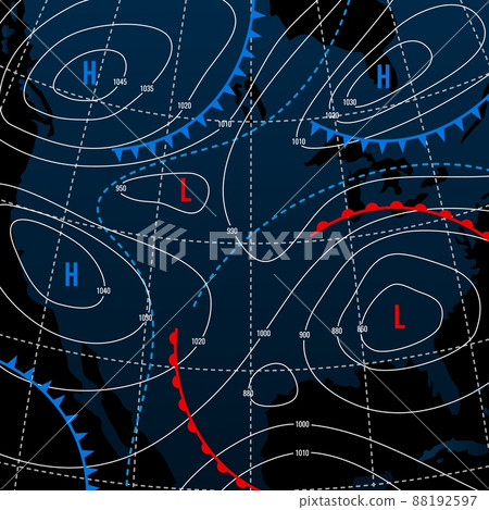 Forecast weather isobar on american night map, meteorology wind fronts and vector temperature diagram. USA map for weather forecast with pressure and wind charts, synoptic prediction isobar 88192597