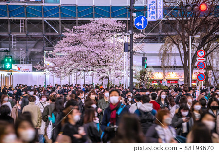 Tokyo cityscape in Japan Prevention of spread (while 6 waves continue) ... To increase again ... Sakura in Shibuya is in full bloom ... = March 29 88193670