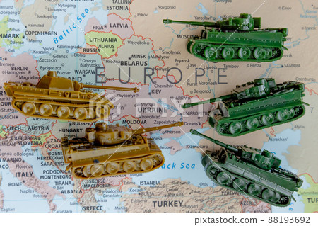 Calgary, Alberta, Canada. Mar 28, 2022. Top view of Scale Model Tanks War Panther Tanks on a Ukraine map. Concept Calgary, Alberta, Canada. Mar 28, 2022. Top view of Scale Model Tanks War Panther Tanks on a Ukraine map. Concept 88193692