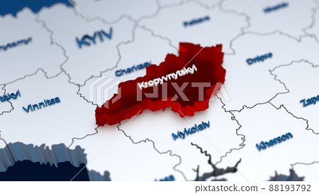 Stylish 3D map of Ukraine with Kropyvnytskyi region at focus highlighted in red Stylish 3D map of Ukraine with Kropyvnytskyi region at focus highlighted in red 88193792