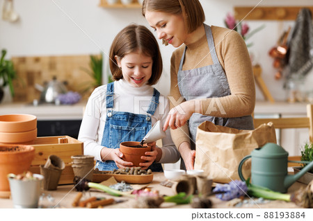 Mom and kid doing home gardening together 88193884