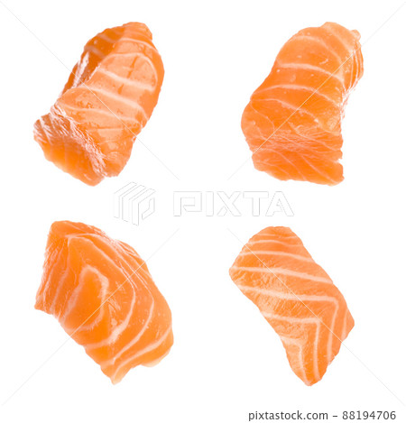 Set with pieces of fresh raw salmon on white background. Fish delicacy 88194706