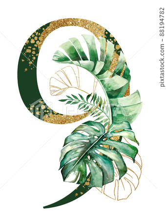 Golden number 9 decorated with green and golden tropical leaves Watercolor isolated illustration 88194782
