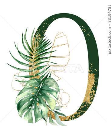 Golden number 0 decorated with green and golden tropical leaves Watercolor isolated illustration Golden number 0 decorated with green and golden tropical leaves Watercolor isolated illustration 88194783