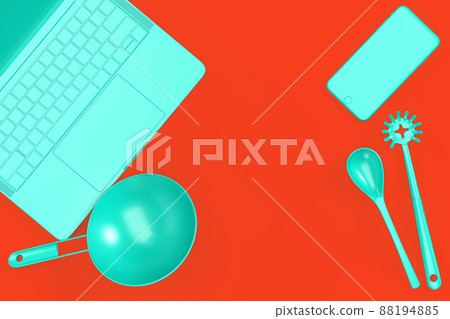 Kitchen table top view with laptop and utensils. 3D illustration 88194885