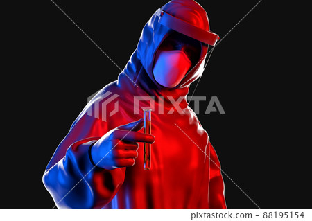Medic in protective suit holds test tube. 3D illustration 88195154
