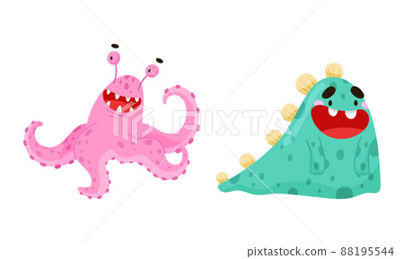 Joyful monsters. Funny smiling toothy monster, alien cartoon characters vector illustration Joyful monsters. Funny smiling toothy monster, alien cartoon characters vector illustration 88195544