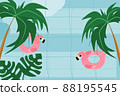 cartoon and flatart design for summer activity with flamingo rubber ring float in swimming pool with tropical forest 88195545