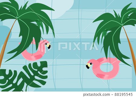 cartoon and flatart design for summer activity with flamingo rubber ring float in swimming pool with tropical forest cartoon and flatart design for summer activity with flamingo rubber ring float in swimming pool with tropical forest 88195545