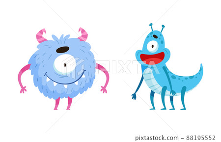Happy funny one eyed monsters. Cute toothy monster and alien cartoon characters vector illustration Happy funny one eyed monsters. Cute toothy monster and alien cartoon characters vector illustration 88195552