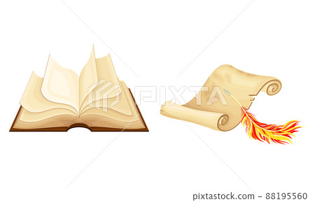 Antique parchment paper scroll and opened book set vector illustration Antique parchment paper scroll and opened book set vector illustration 88195560