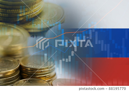 Stock market investment trading financial, coin and Russia flag or Forex for analyze profit finance business trend data background. Stock market investment trading financial, coin and Russia flag or Forex for analyze profit finance business trend data background. 88195770