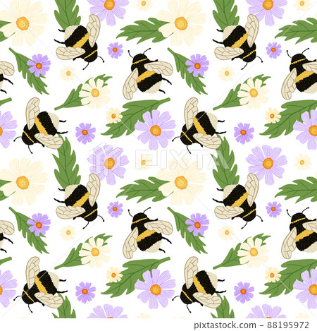 Cute bumblebee on meadow seamless pattern. Summer background of bee and flowers. 88195972