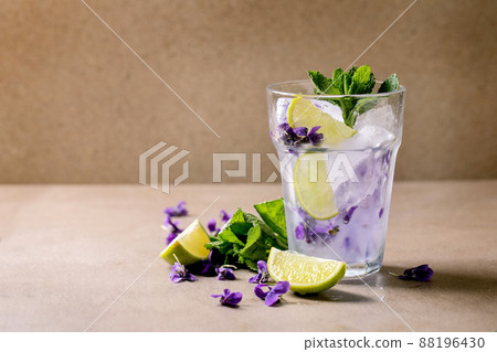 Glass of lemonade cocktail with violets flowers Glass of lemonade cocktail with violets flowers 88196430