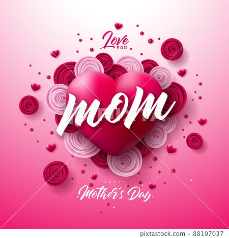 Happy Mother's Day Illustration with Rose Flower and Red Loving Heart on Pink Background. Vector Celebration Design Template for Greeting Card, Banner, Flyer, Invitation, Brochure, Poster. 88197037