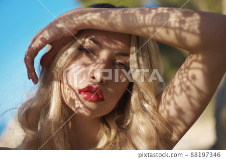 Portrait of a model with a pattern on her face. 88197346