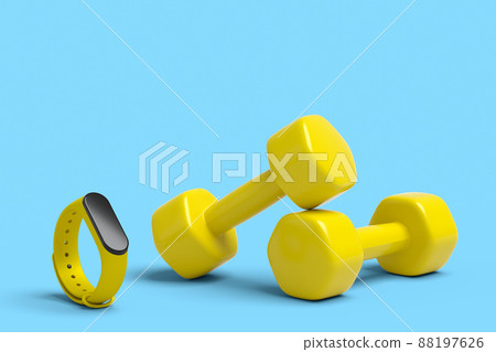 Isometric view of sport equipment like smart watches and dumbbell on blue background. 3d render of power lifting and fitness concept 88197626