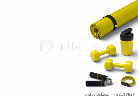 Isometric view of sport equipment like yoga mat, dumbbell and smart watches on white background. 3d render of power lifting and fitness concept Isometric view of sport equipment like yoga mat, dumbbell and smart watches on white background. 3d render of power lifting and fitness concept 88197637