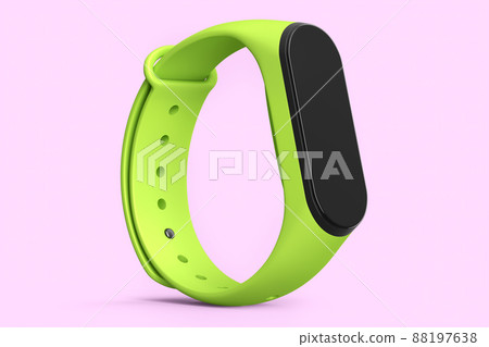 Green fitness tracker or smart watch with heart rate monitor isolated on pink background. 3d render of sport equipment for active training and wearable device. 88197638