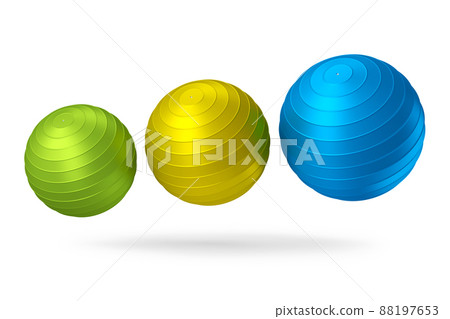 Multicolor fitball or fitness ball isolated white background. 3d rendering of sport equipment for fitness, yoga and active workout Multicolor fitball or fitness ball isolated white background. 3d rendering of sport equipment for fitness, yoga and active workout 88197653