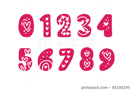 Decorative red numbers. Love Valentine day alphabet with a heart numbers zero one two three four five six seven eight nine. Vector Illustration 88198295