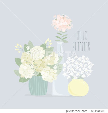 Cute Cartoon Summer Bouquets in Vases. Hydrangea, Daisy, Phlox Cute Cartoon Summer Bouquets in Vases. Hydrangea, Daisy, Phlox 88198300