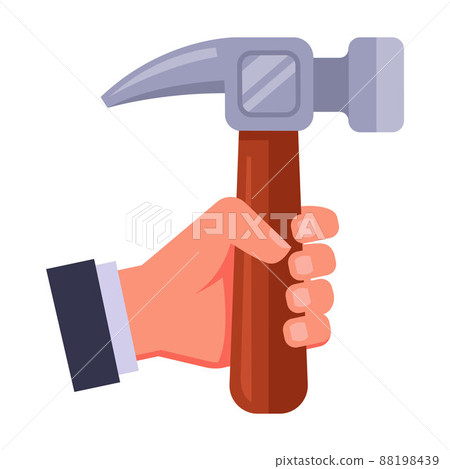 man holds a hammer in his hand. household tool. man holds a hammer in his hand. household tool. 88198439