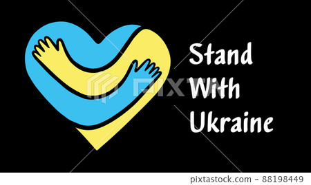 Stand With Ukraine slogan. Concept save Ukraine from Russia aggression and stop war. Heart and hugging hands with the colors of the Ukrainian flag. Pray For Ukraine icon. Vector stock illustration. 88198449