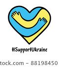 Support Ukraine slogan. Concept save Ukraine from Russia aggression and stop war. Heart and hugging hands with the colors of the Ukrainian flag. Pray For Ukraine icon. Vector stock illustration. 88198450