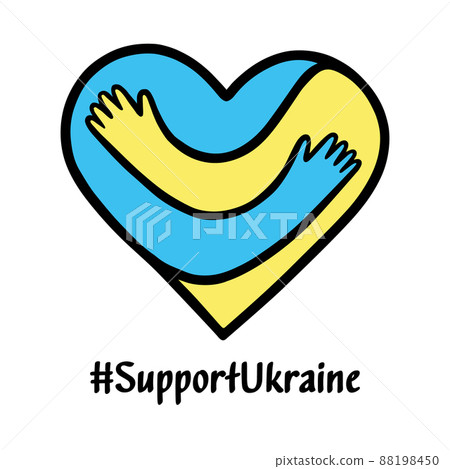 Support Ukraine slogan. Concept save Ukraine from Russia aggression and stop war. Heart and hugging hands with the colors of the Ukrainian flag. Pray For Ukraine icon. Vector stock illustration. Support Ukraine slogan. Concept save Ukraine from Russia aggression and stop war. Heart and hugging hands with the colors of the Ukrainian flag. Pray For Ukraine icon. Vector stock illustration. 88198450