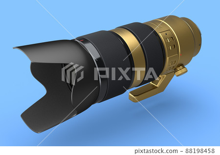 Modern nonexistent gold DSLR telephoto camera lens on blue background Modern nonexistent gold DSLR telephoto camera lens on blue background 88198458