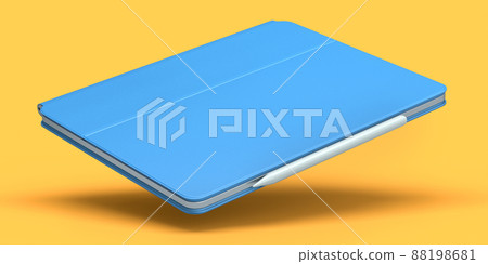 Computer tablet with blue cover case and pencil isolated on orange background. Computer tablet with blue cover case and pencil isolated on orange background. 88198681
