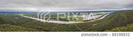 Drone aerial panoramic photograph of flooding in the Cumberland Plain and Nepean River in Australia. Drone aerial panoramic photograph of flooding in the Cumberland Plain and Nepean River in Australia. 88198832