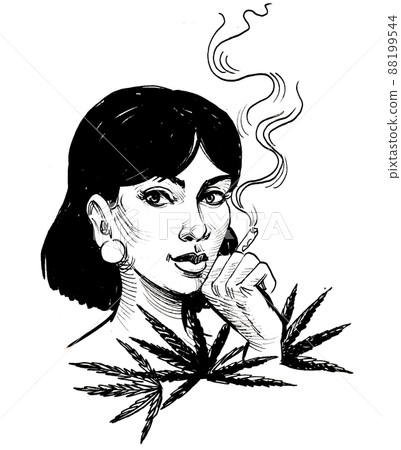 Pretty woman smoking marijuana joint. Ink black and white drawing Pretty woman smoking marijuana joint. Ink black and white drawing 88199544