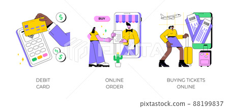 Online payment abstract concept vector illustration set. Debit card, online order, buying tickets, plastic money, buying goods on internet, e-commerce shopping, booking mobile app abstract metaphor. 88199837