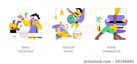 Family fun amid quarantine abstract concept vector illustration set. Bake together, indoor picnic, home gymnastics, time together with children, indoor activities, stay at home abstract metaphor. Family fun amid quarantine abstract concept vector illustration set. Bake together, indoor picnic, home gymnastics, time together with children, indoor activities, stay at home abstract metaphor. 88199840