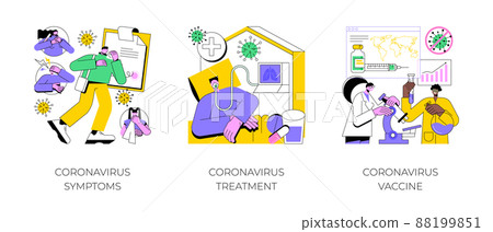 Covid19 pandemic abstract concept vector illustration set. Coronavirus symptoms, treatment and vaccine, intensive therapy, wearing a mask, lung ventilation, fever and cough abstract metaphor. 88199851