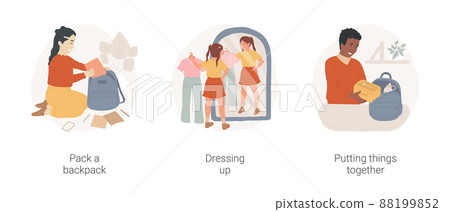 Morning school preparations isolated cartoon vector illustration set. Child packing backpack, get dressed for school, putting things together, make lunchbox, morning preparation vector cartoon. Morning school preparations isolated cartoon vector illustration set. Child packing backpack, get dressed for school, putting things together, make lunchbox, morning preparation vector cartoon. 88199852