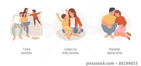 Parents after work isolated cartoon vector illustration set. Tired parents after working day, listen to kids stories, mom and dad leisure time alone, coupe sitting together at home vector cartoon. Parents after work isolated cartoon vector illustration set. Tired parents after working day, listen to kids stories, mom and dad leisure time alone, coupe sitting together at home vector cartoon. 88199853