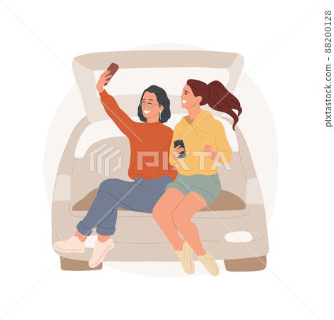 Hanging out on a parking lot isolated cartoon vector illustration. Girls sitting in trunk, hanging out and taking selfie, teens leisure time, women having fun, outdoor activity vector cartoon. 88200128
