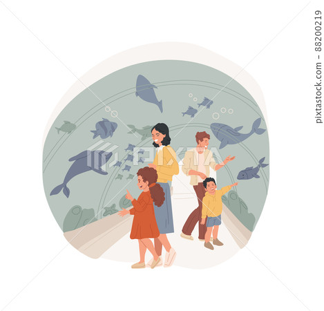 Aquarium isolated cartoon vector illustration Family walking through a glass aquarium tunnel, kid pointing finger at the fish, visiting oceanarium, watching underwater world vector cartoon. 88200219