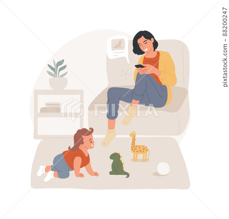 Share photo of a child isolated cartoon vector illustration. Social media posting addiction, sharing picture, mom sitting on sofa with smartphone, kid playing in living room vector cartoon. 88200247