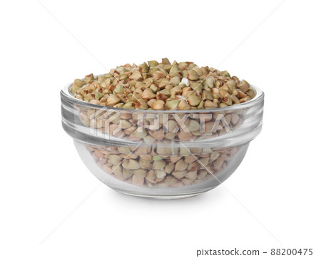 Organic green buckwheat in glass bowl isolated on white Organic green buckwheat in glass bowl isolated on white 88200475