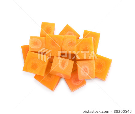 Pieces of fresh ripe carrot isolated on white, top view 88200543